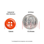 Work Shirt Buttons 22 Pack, 13mm red industrial buttons shown next to a US dime (17.91mm) for size reference on white background. Perfect durable replacements for uniforms or heavy-duty apparel.