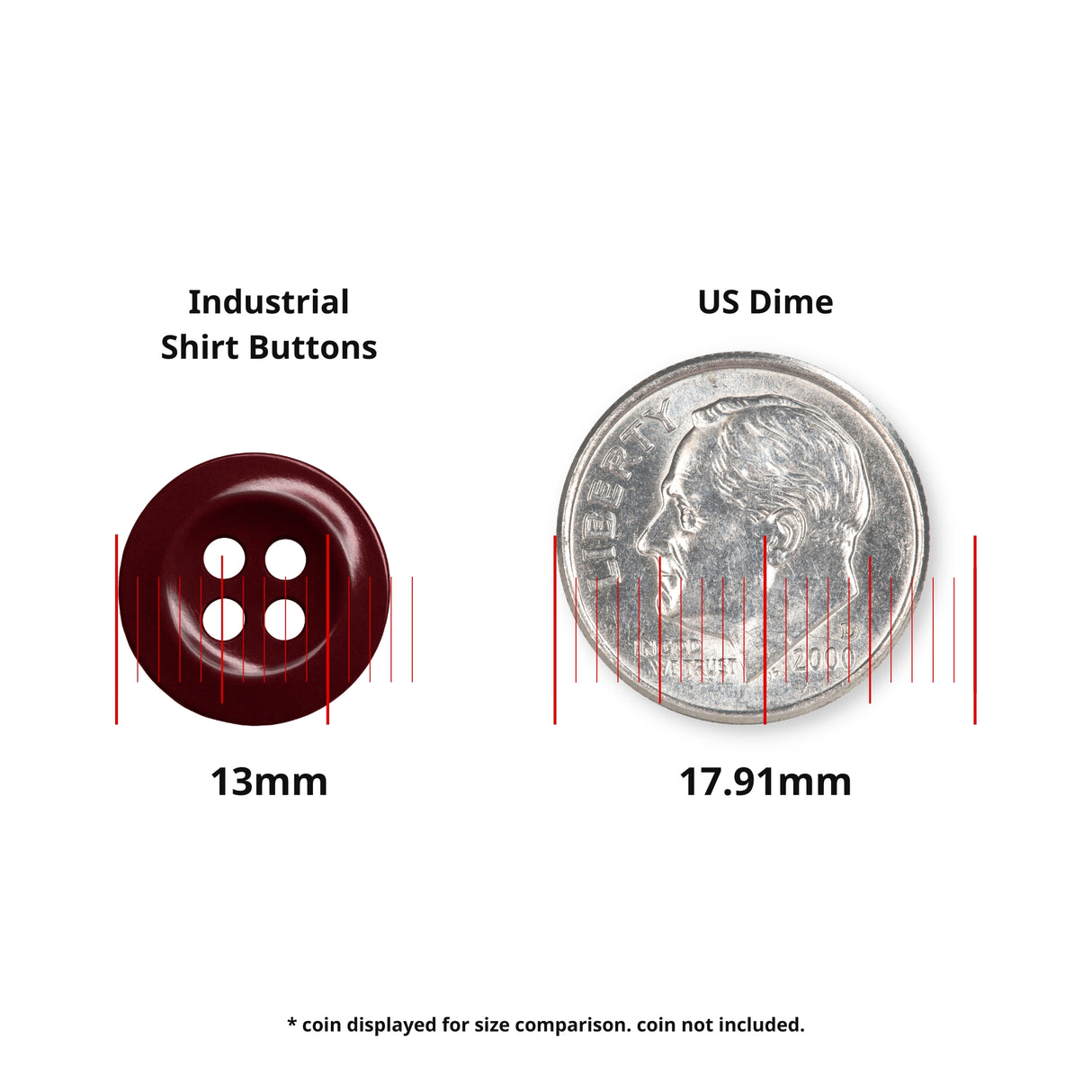 A 13mm Work Shirt Button shown beside a 17.91mm US dime for size reference; dime not included.