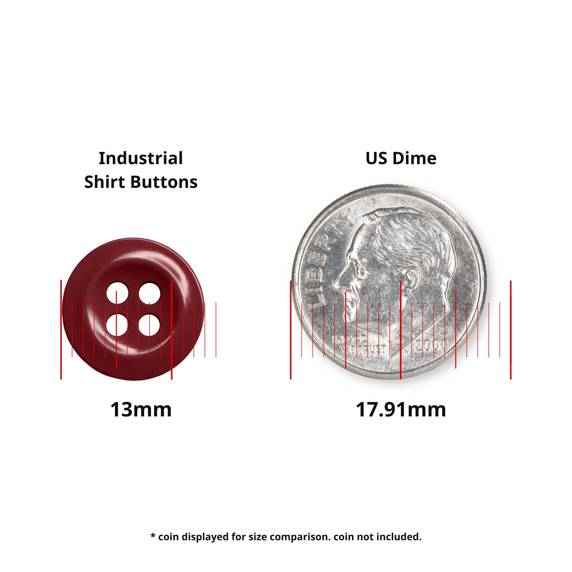 A durable red 13mm Work Shirt Button (22 Pack) shown beside a 17.91mm US dime for size comparison.