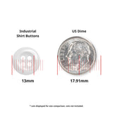 A Work Shirt Button in white, military spec, is shown next to a US dime for scale; the button is 13mm and the dime is 17.91mm wide.