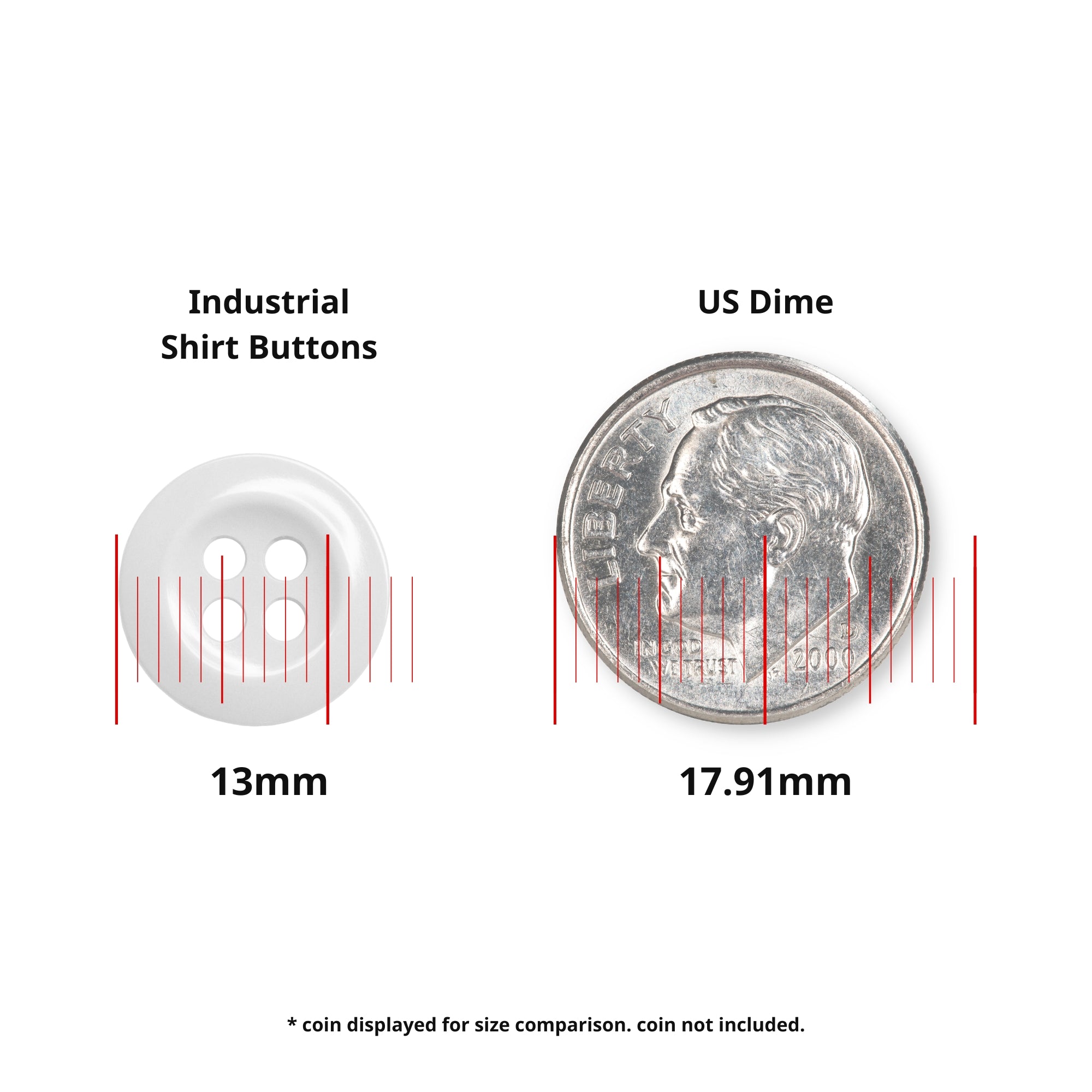 A 13mm button from the Work Shirt Buttons 22 Pack shown next to a 17.91mm US dime for size comparison; coin not included.