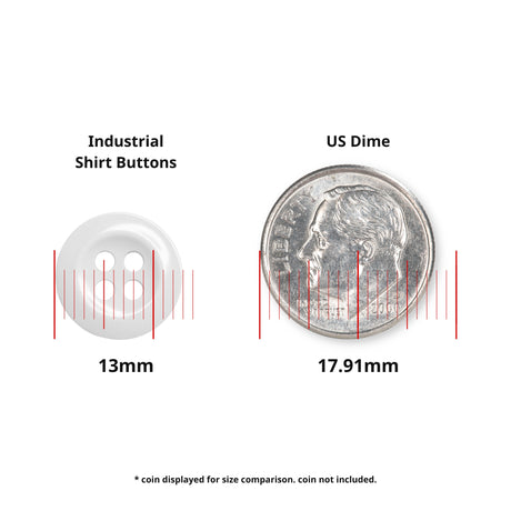 A Work Shirt Button in white, military spec, is shown next to a US dime for scale; the button is 13mm and the dime is 17.91mm wide.