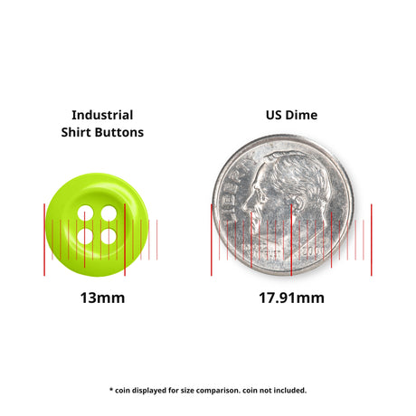 Work Shirt Buttons, green (13mm), perfect for replacing work shirt buttons. Shown beside a US dime (17.91mm) for size reference; coin not included.