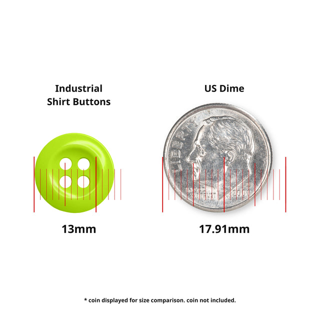 Work Shirt Buttons, green (13mm), perfect for replacing work shirt buttons. Shown beside a US dime (17.91mm) for size reference; coin not included.