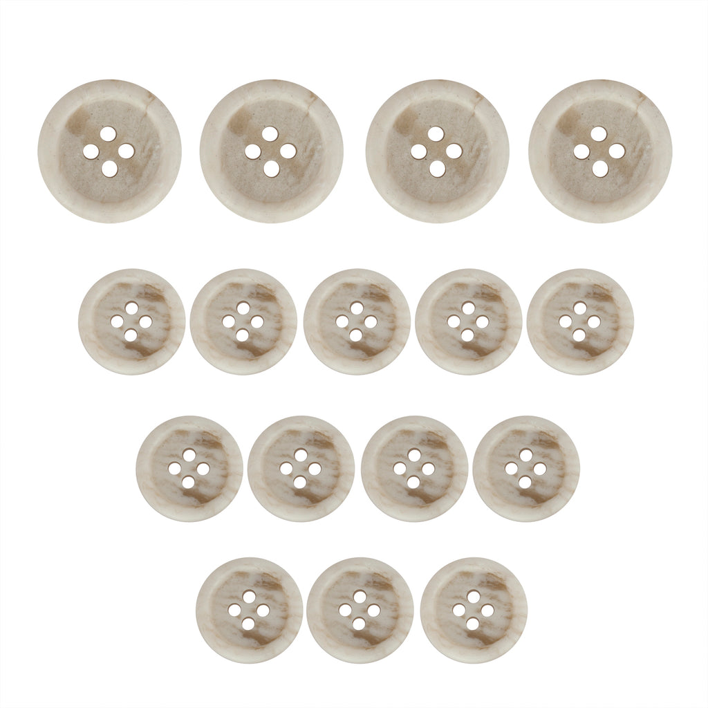 Seventeen Regular Suit Buttons in beige, assorted sizes, arranged in a triangle on a white background.