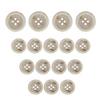 Seventeen Regular Suit Buttons in beige, assorted sizes, arranged in a triangle on a white background.