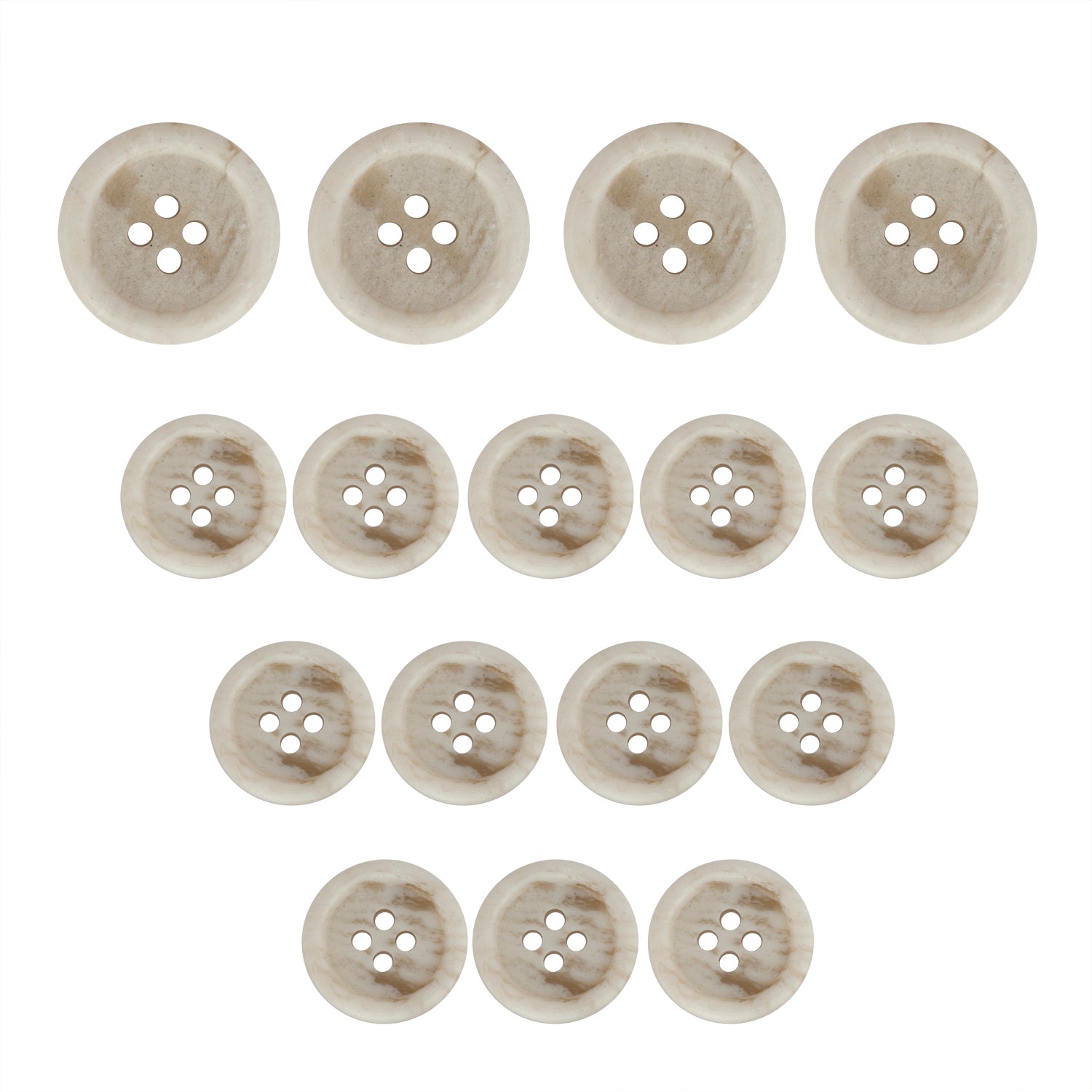Seventeen Regular Suit Buttons in beige, assorted sizes, arranged in a triangle on a white background.
