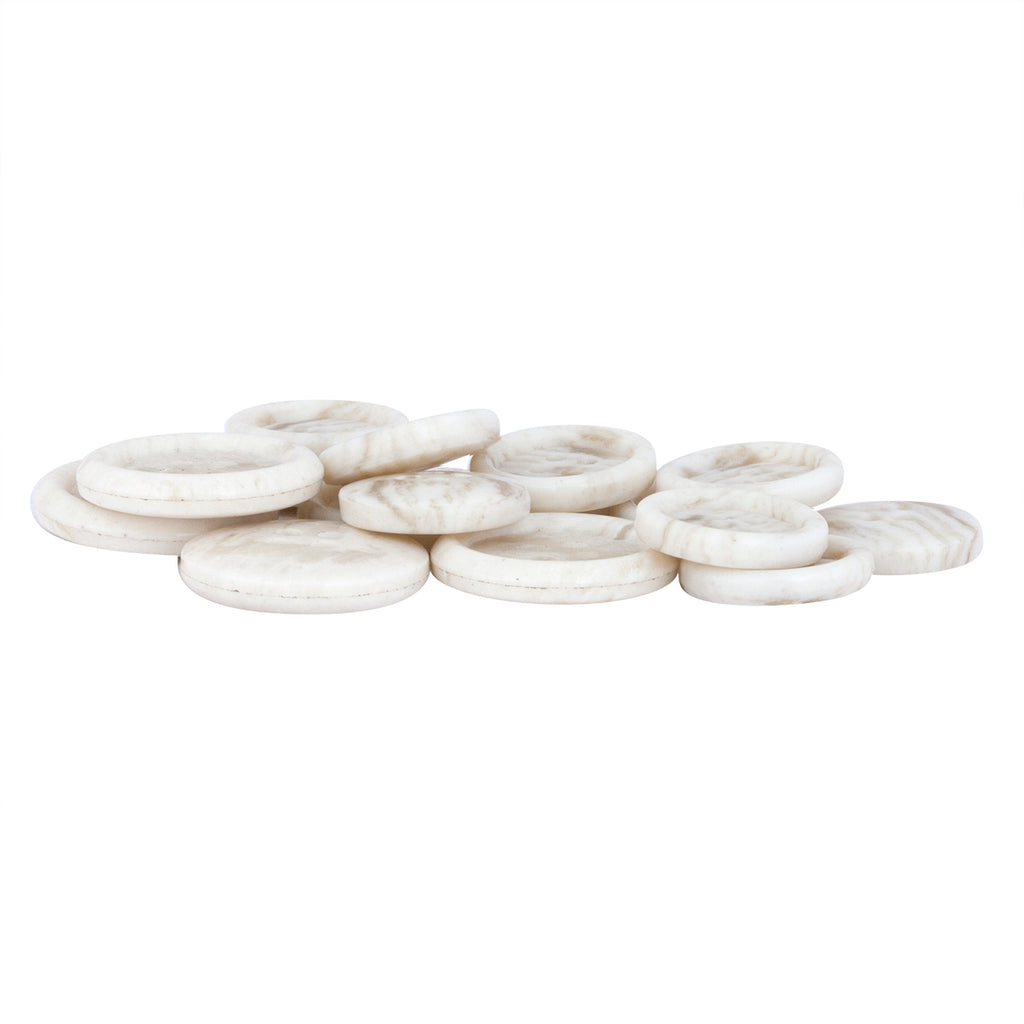 A pile of Regular Suit Buttons, round and white like marble, displayed on a white background.