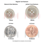 Comparison of Regular Suit Buttons and US coins, displaying button and coin diameters with measurement lines—ideal for choosing black Regular Suit Buttons or finding replacement sizes.