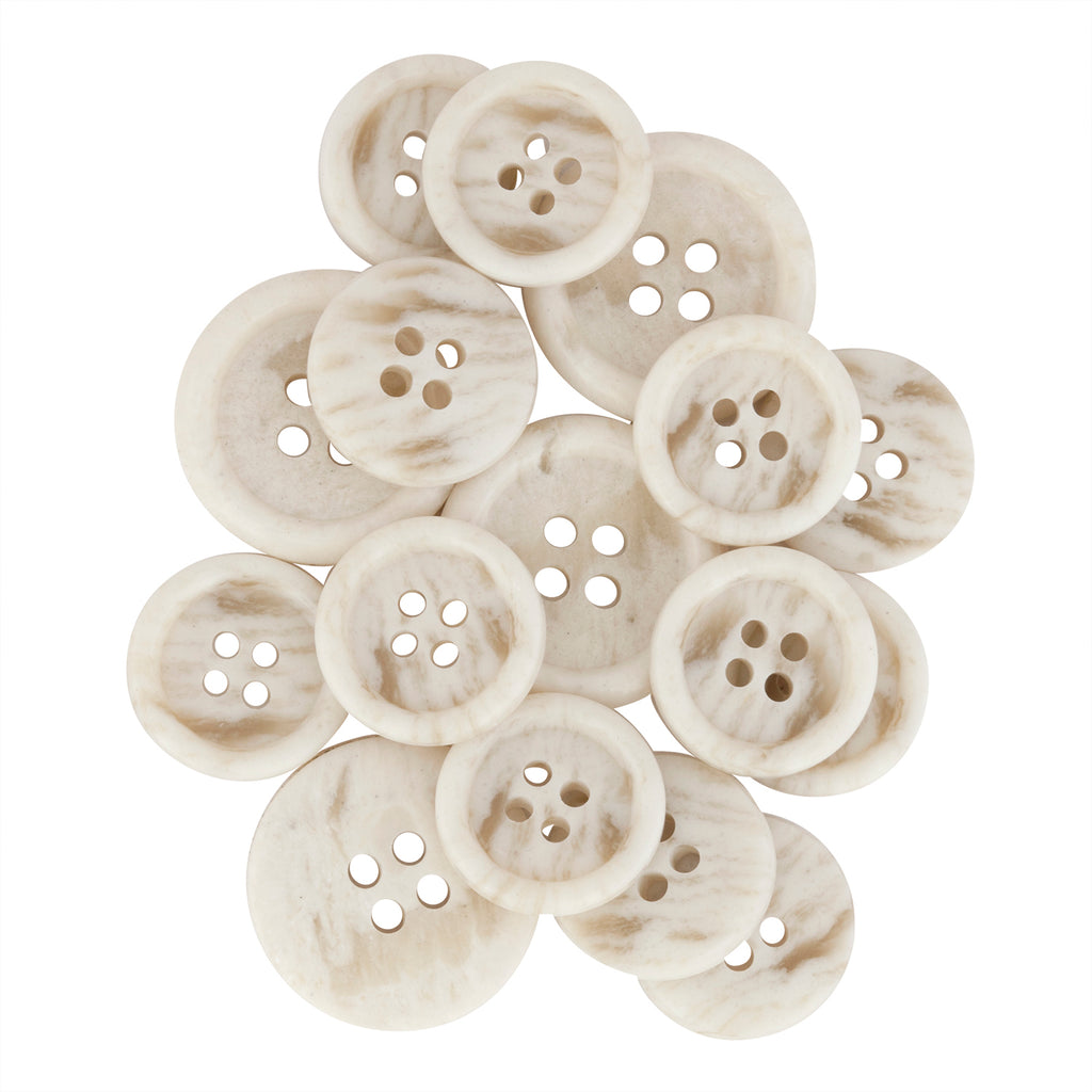 A stack of Regular Suit Buttons—round, cream-colored with a marble pattern and four holes—ideal replacements for your favorite outfits.