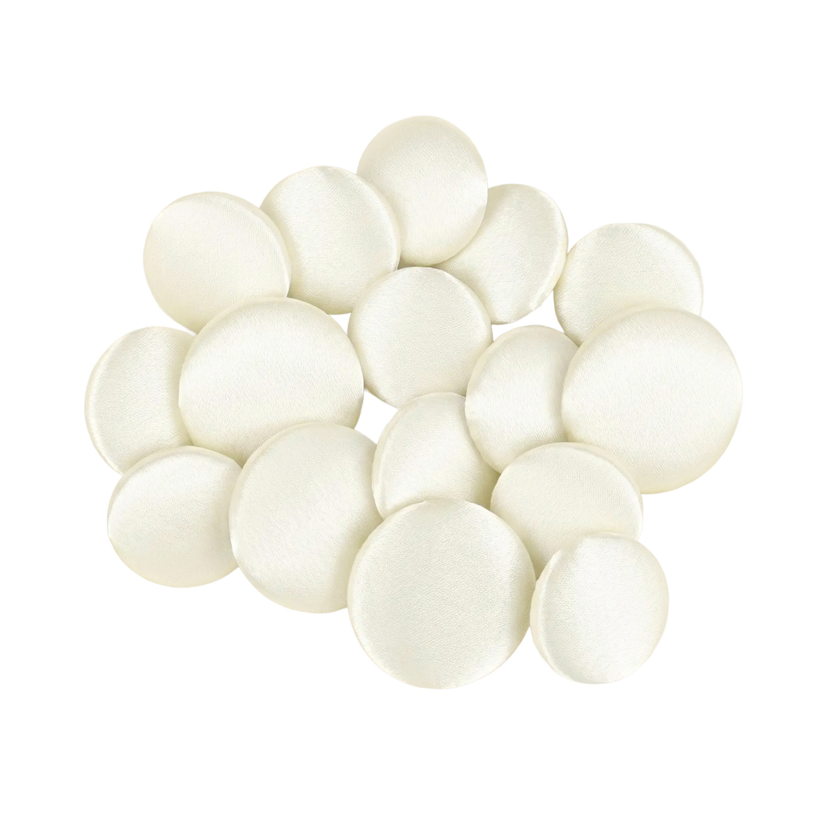 A pile of Tuxedo Suit Buttons made from round, smooth, white satin fabric rests on a white background.