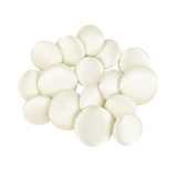 A pile of Tuxedo Suit Buttons made from round, smooth, white satin fabric rests on a white background.