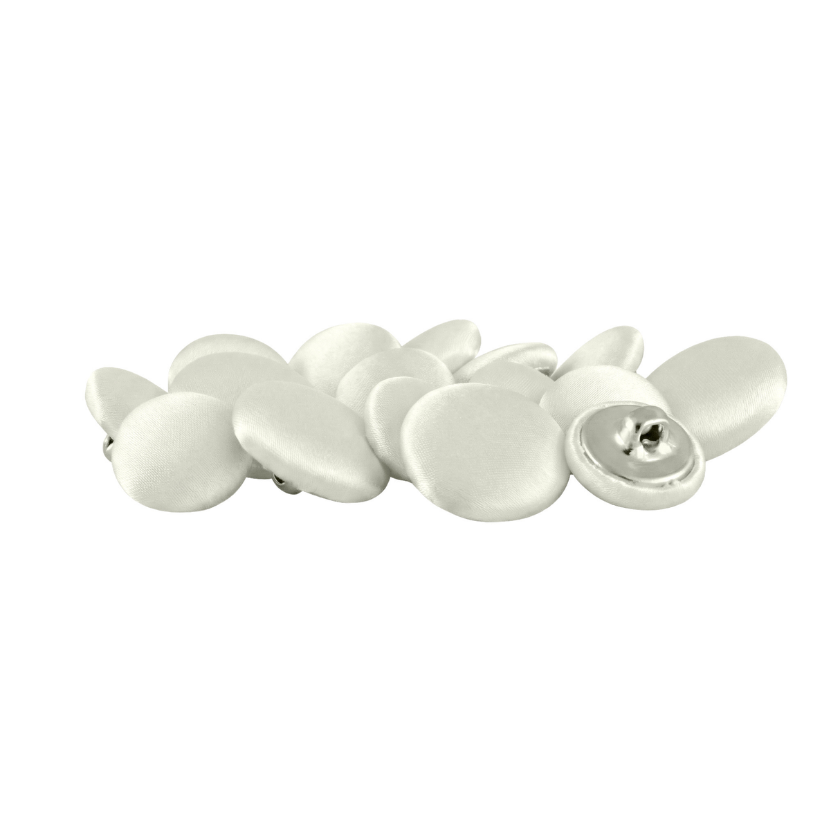 Tuxedo Suit Buttons—round and white with fabric covering, some showing metal backs and shanks—are displayed on a white background, making an elegant formalwear choice.