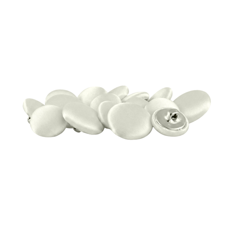 Tuxedo Suit Buttons—round and white with fabric covering, some showing metal backs and shanks—are displayed on a white background, making an elegant formalwear choice.