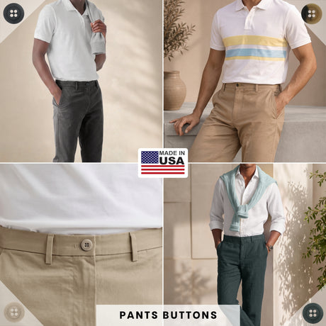 Four men model pants with visible buttons, each paired with a different shirt. Khakis, Chinos and Casual Cotton Pant Buttons—including 5/8 inch waistband options—are shown; Made in the USA, they’re perfect as replacement buttons for khaki or other casual pants.