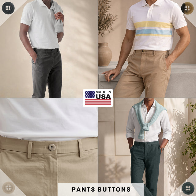 Four men model pants with visible buttons, each paired with a different shirt. Khakis, Chinos and Casual Cotton Pant Buttons—including 5/8 inch waistband options—are shown; Made in the USA, they’re perfect as replacement buttons for khaki or other casual pants.