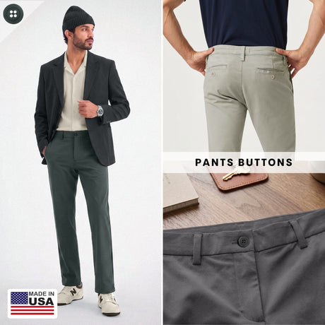A man in a blazer and pants, close-up shots of the Khakis, Chinos and Casual Cotton Pant Buttons, with “PANTS BUTTONS” text and a USA flag MADE IN USA label. Ideal as 5/8 inch waistband buttons or replacement buttons for khakis.