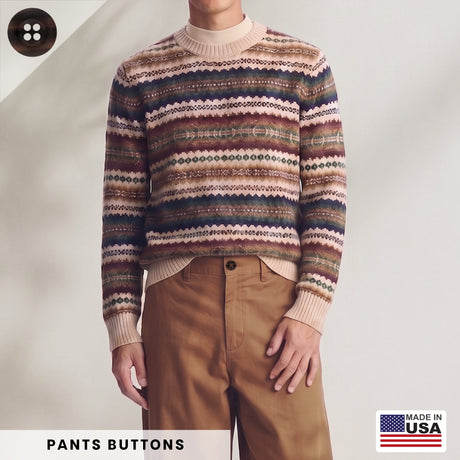A man wearing a patterned sweater and tan pants stands against a plain background. Khakis, Chinos and Casual Cotton Pant Buttons add a subtle touch of style—perfect as replacement buttons for khakis. “Khakis, Chinos and Casual Cotton Pant Buttons” text below.