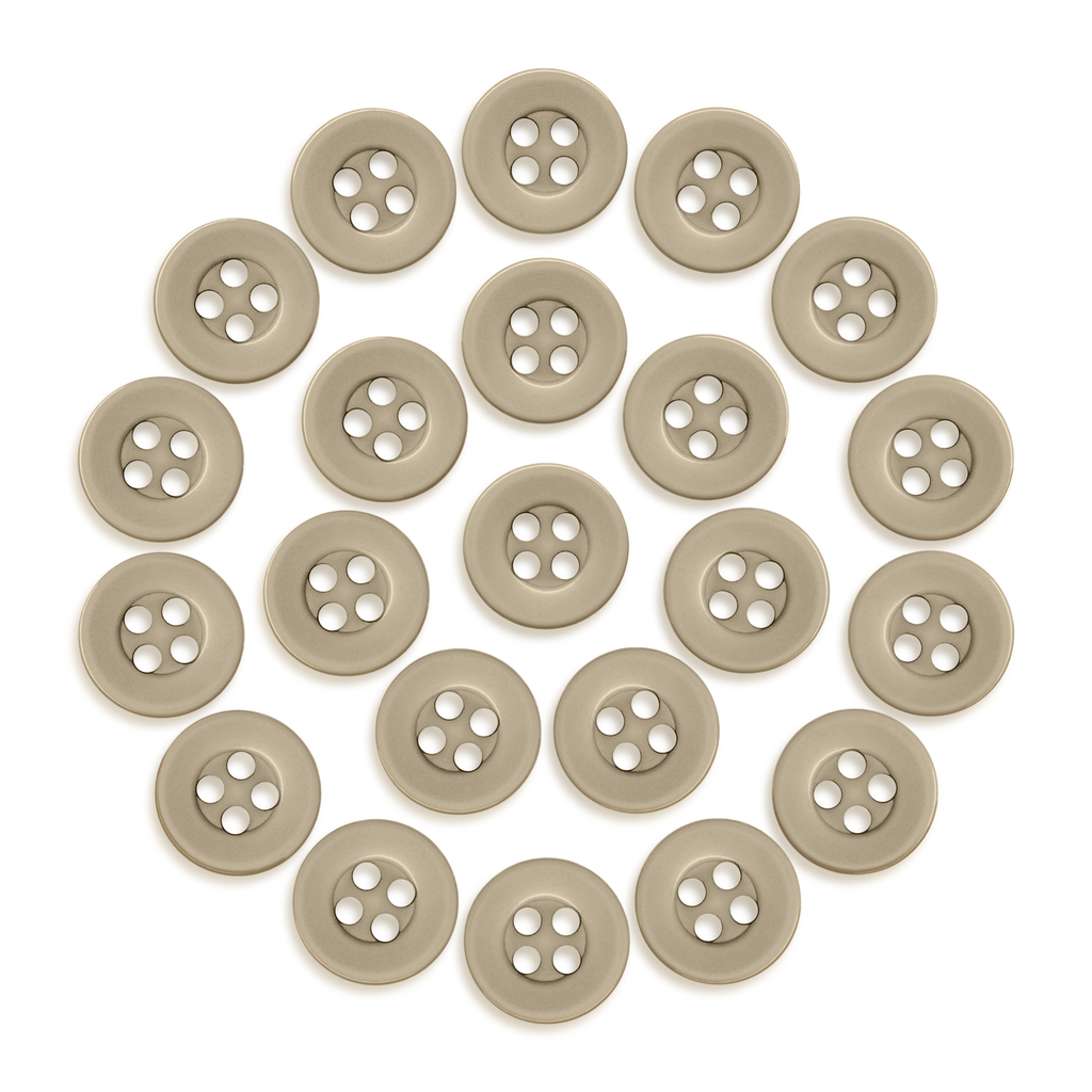 Twenty-four Workshop Uniform Shirt Buttons in tan, arranged in a circle on a white background.