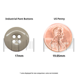 A 17mm gray Work Pants Button is shown next to a 19.05mm US penny, with measurement lines illustrating size for easy comparison.