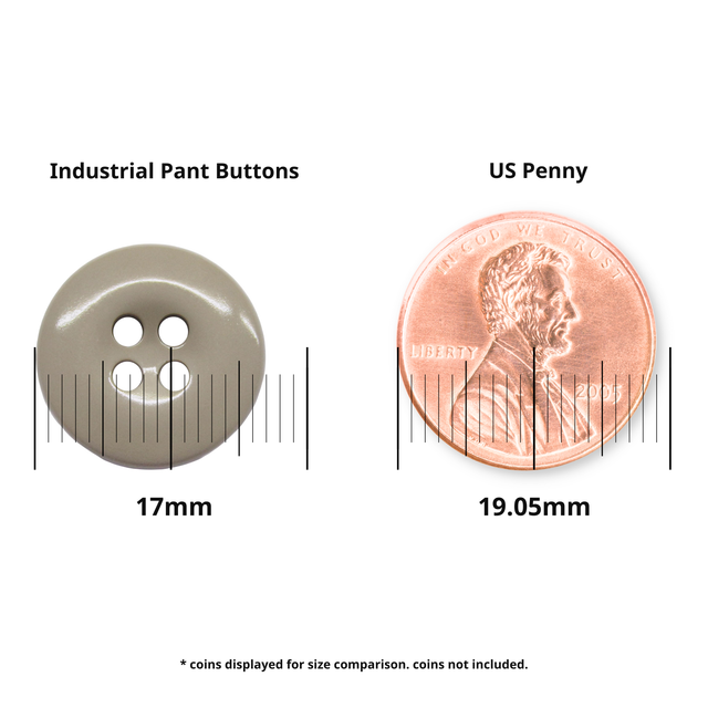 A 17mm gray Work Pants Button is shown next to a 19.05mm US penny, with measurement lines illustrating size for easy comparison.