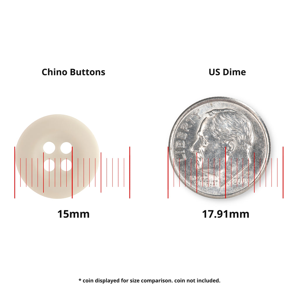 A 15mm Khakis, Chinos and Casual Cotton Pant Button, ideal for pant repairs, shown beside a 17.91mm US dime for size reference. Coin not included.