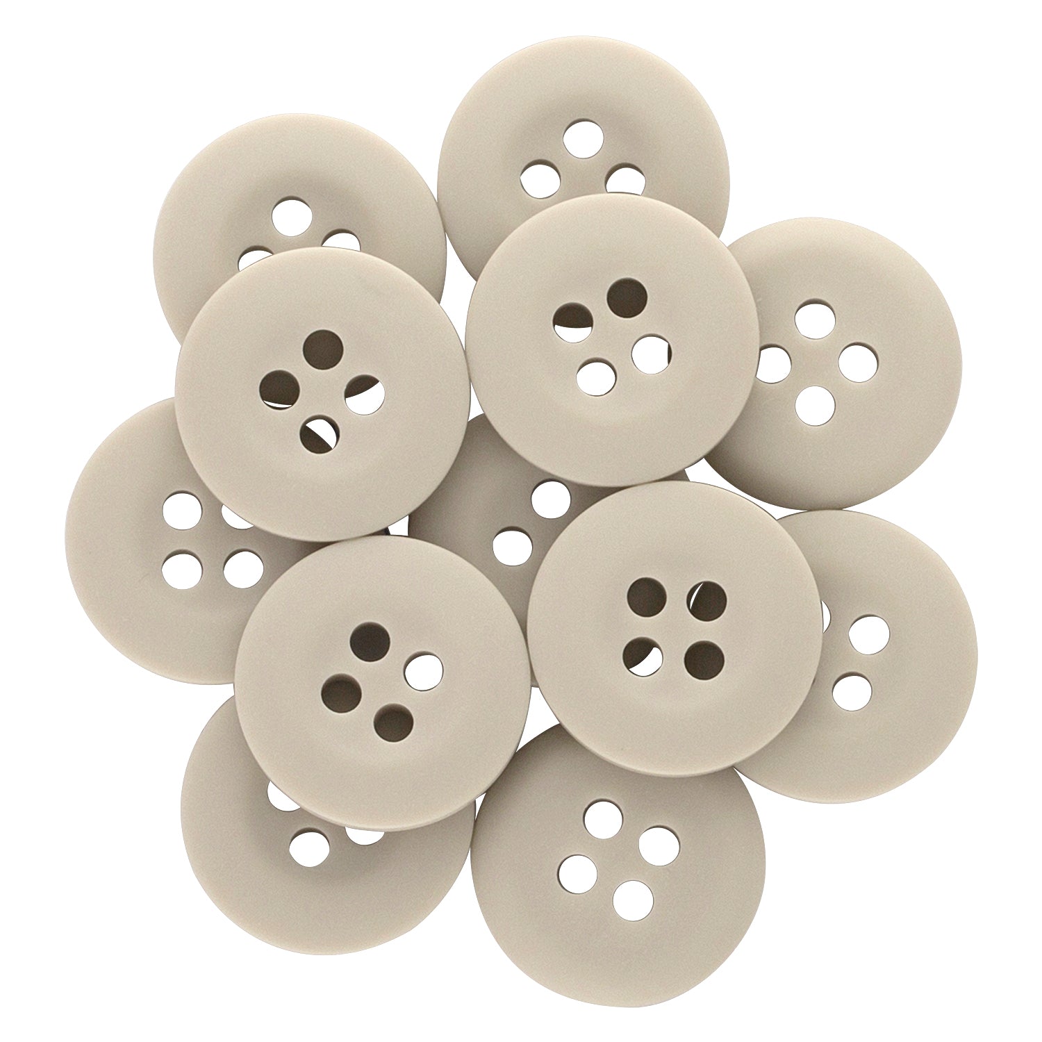 A set of eleven khaki Khakis, Chinos and Casual Cotton Pant Buttons, each with four holes and arranged in a circle—perfect as replacement pants buttons.
