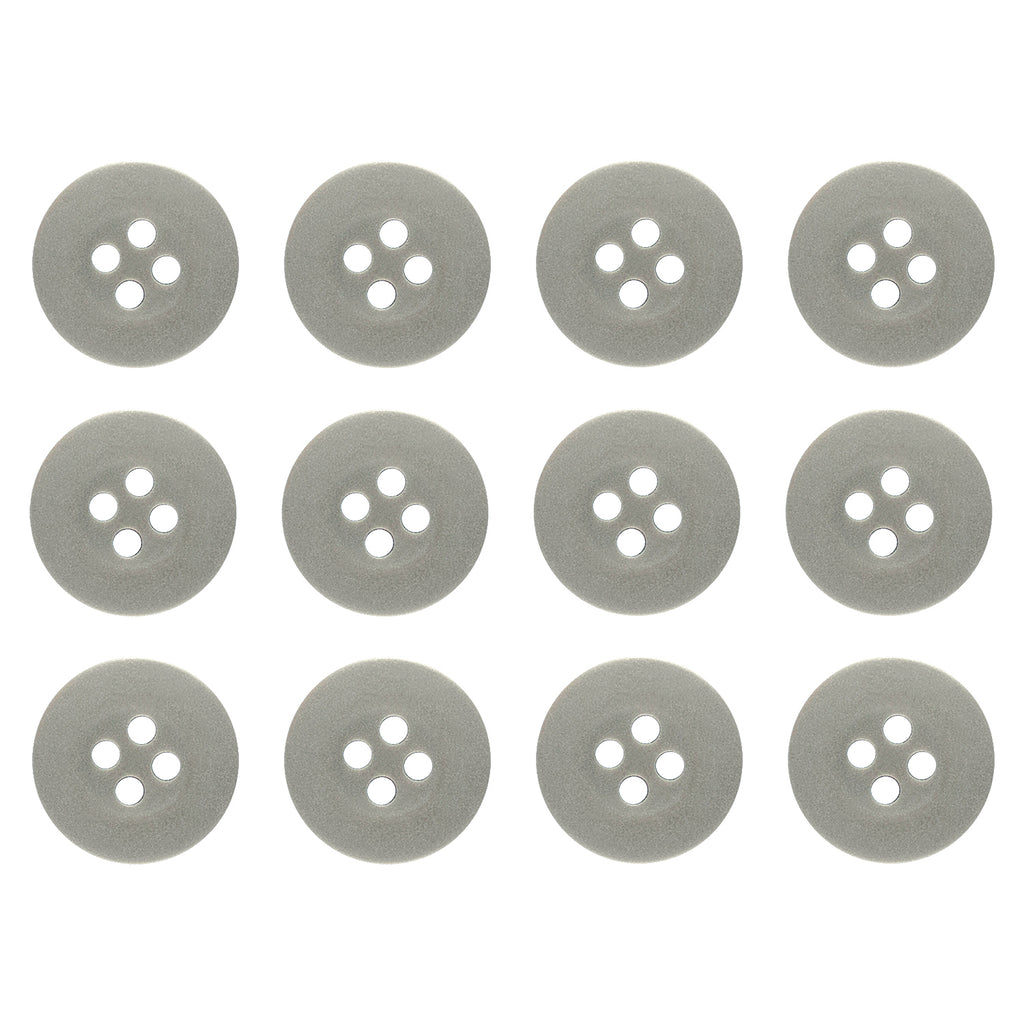 Twelve gray, round nylon Khakis, Chinos and Casual Cotton Pant Buttons with four holes each—perfect replacements for your pants.