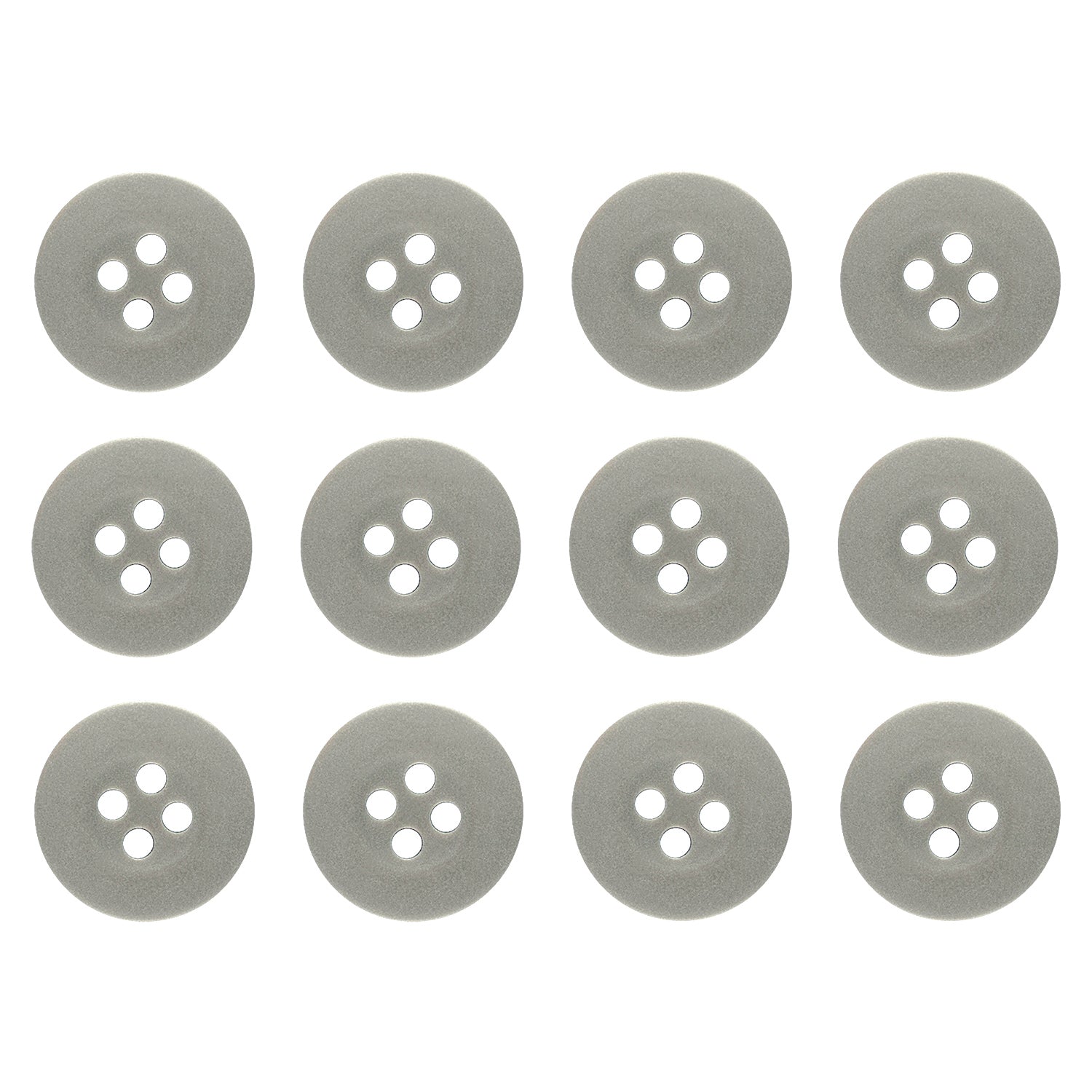 Twelve gray, round nylon Khakis, Chinos and Casual Cotton Pant Buttons with four holes each—perfect replacements for your pants.