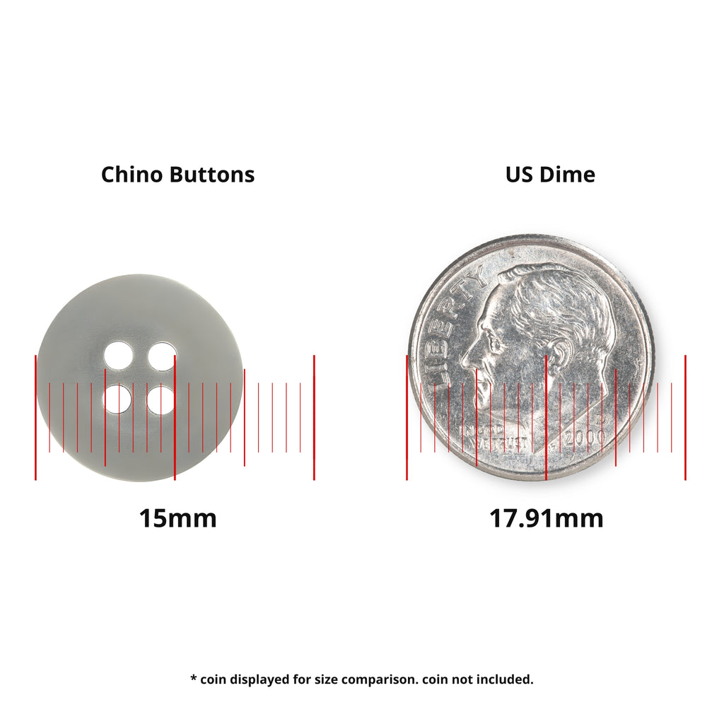 A 15mm Khakis, Chinos and Casual Cotton Pant Button is shown beside a 17.91mm US dime for size reference; coin not included.