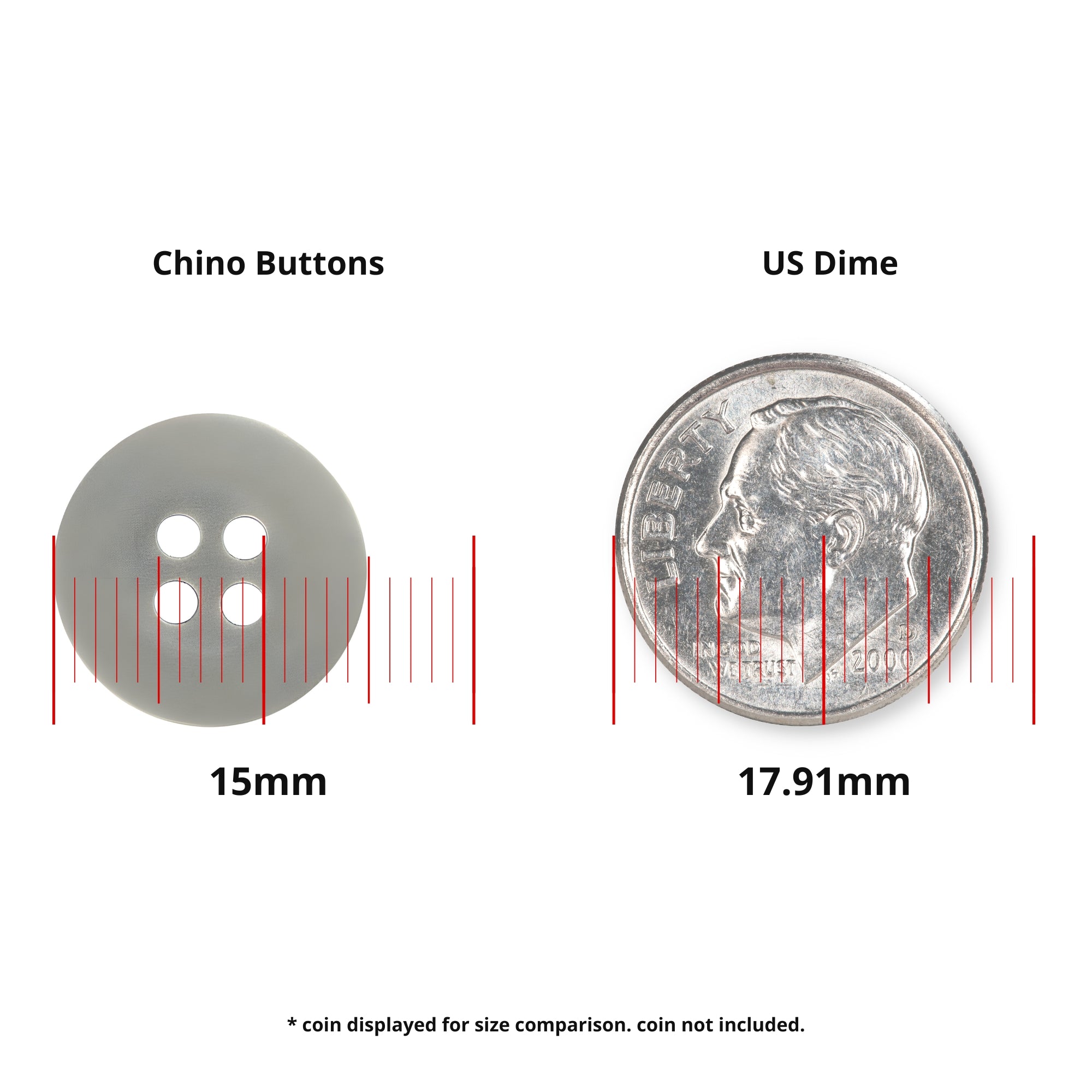 A 15mm Khakis, Chinos and Casual Cotton Pant Button is shown beside a 17.91mm US dime for size reference; coin not included.