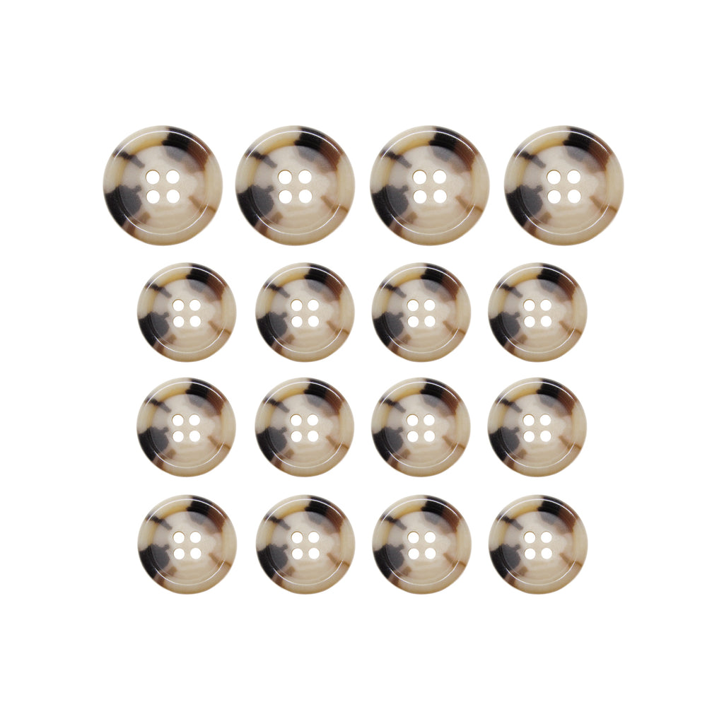 Fifteen Luxury Suit Buttons in brown and beige marbled buffalo bone are arranged in a 4x4 grid, with one button missing from the bottom row.