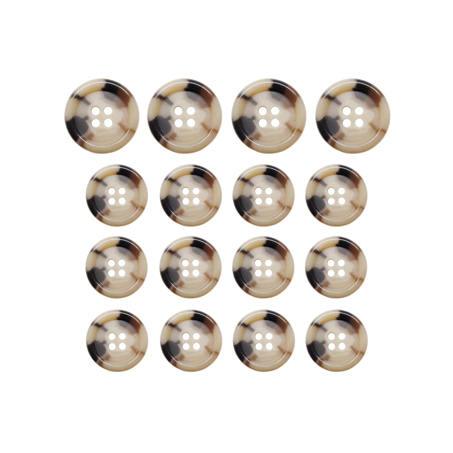 Fifteen Luxury Suit Buttons in brown and beige marbled buffalo bone are arranged in a 4x4 grid, with one button missing from the bottom row.