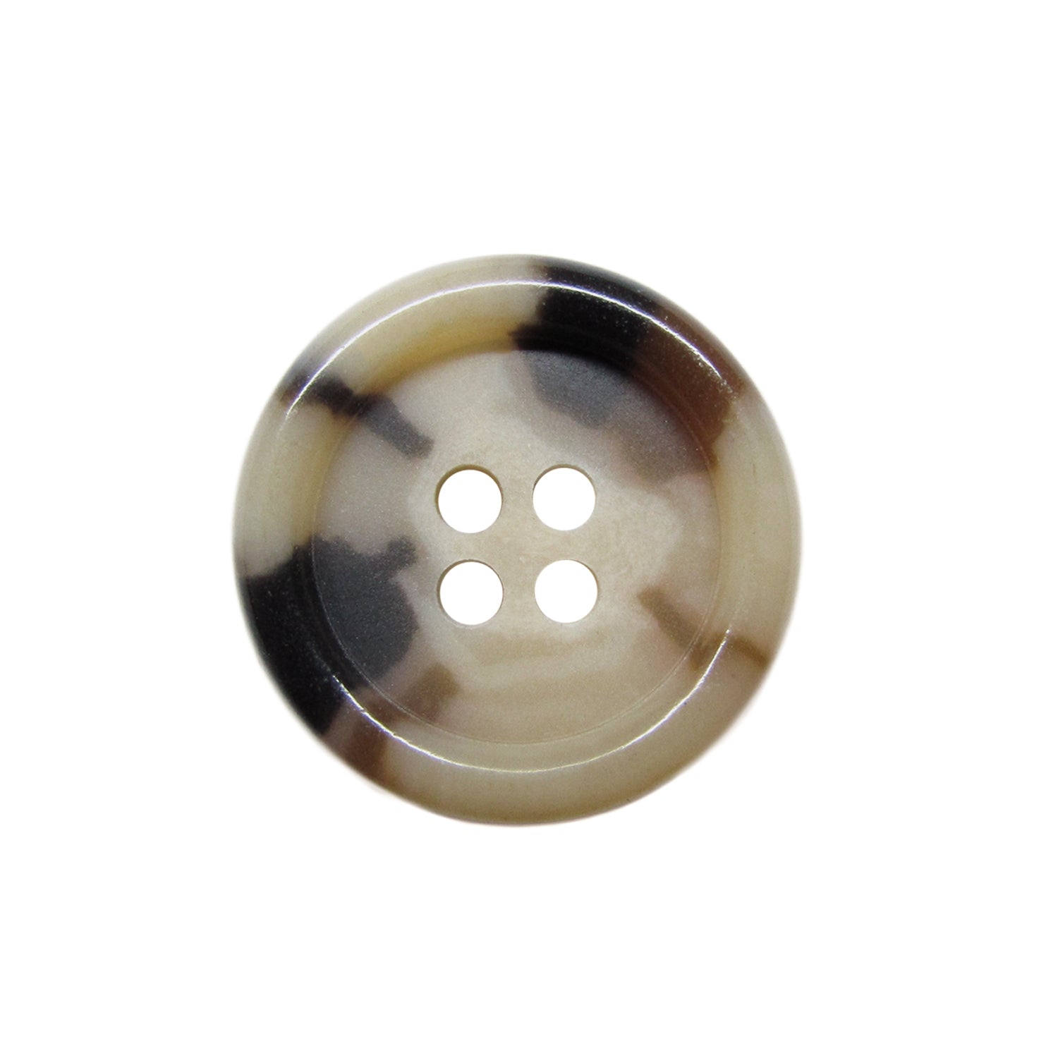 Round, marbled beige and brown Luxury Suit Button made from buffalo bone with four holes, ideal for adding elegance to suits. Shown on a white background.