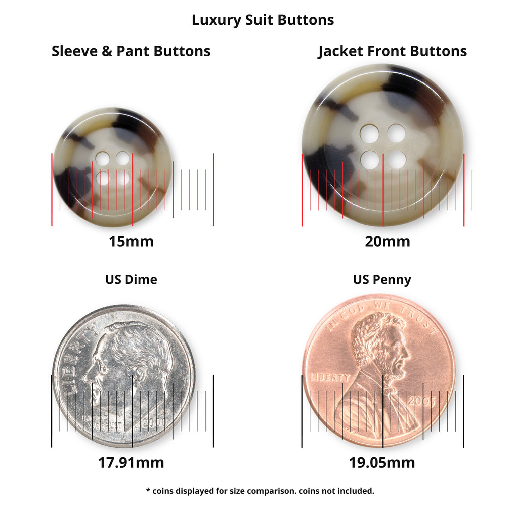 Two Luxury Suit Buttons are displayed above a US dime and penny for size comparison, with measurements shown in millimeters.