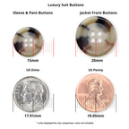 Two Luxury Suit Buttons are displayed above a US dime and penny for size comparison, with measurements shown in millimeters.
