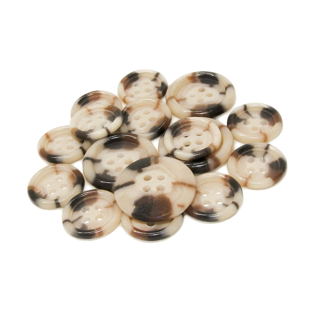 Luxury Suit Buttons: a set of round, brown and cream marbled four-hole buttons displayed on a white background.