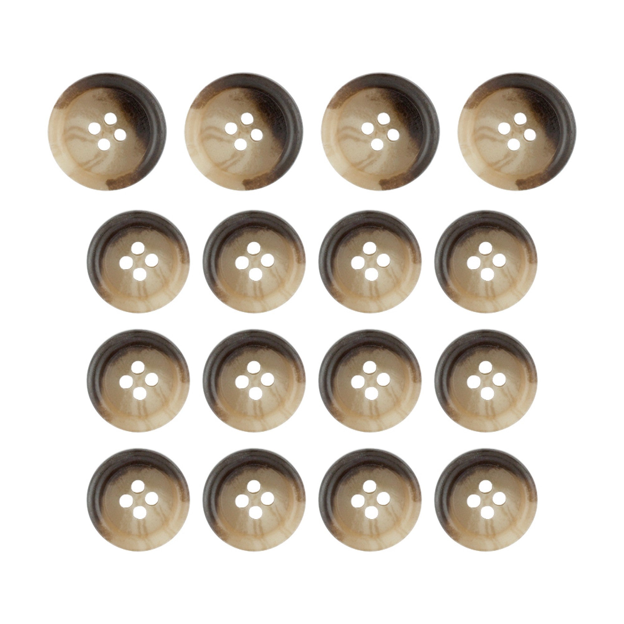 Fifteen Premium Suit Buttons in brown, each with four holes, are displayed in a tidy 3-by-5 grid on a white background.