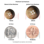 Premium Suit Buttons in black, compared to blazer buttons, displayed next to a US dime and penny for scale. Measurements are shown in millimeters.