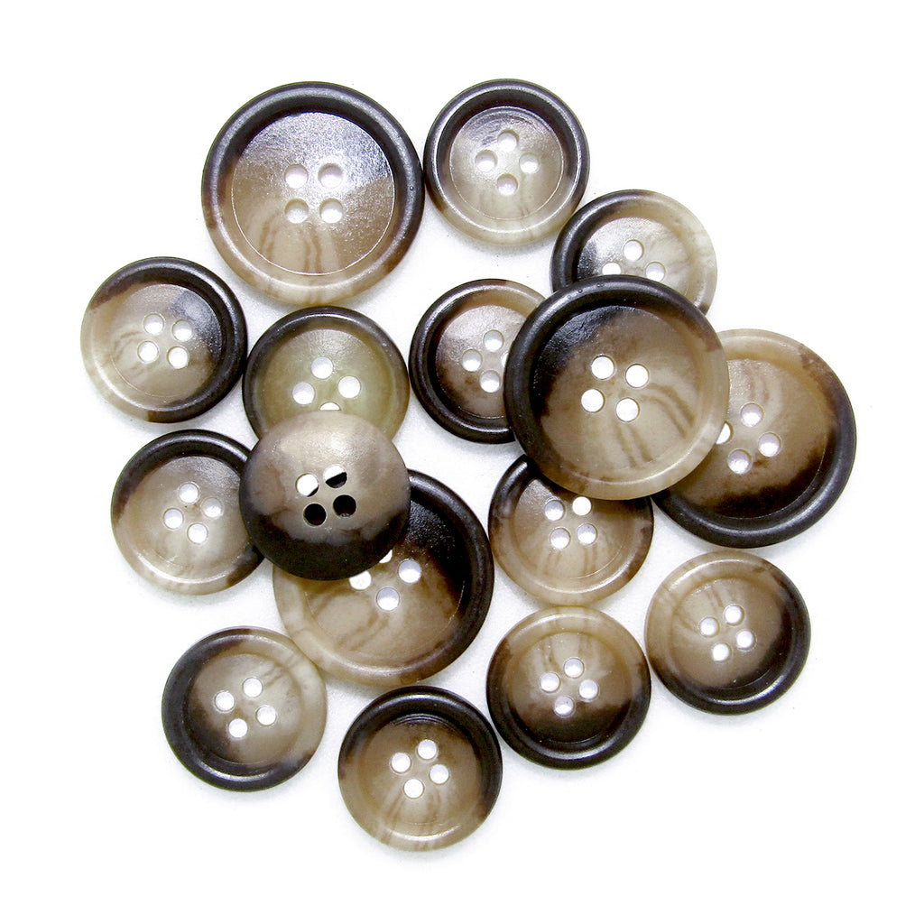 A collection of Premium Suit Buttons in assorted brown and beige sizes with four holes, scattered on a white background.