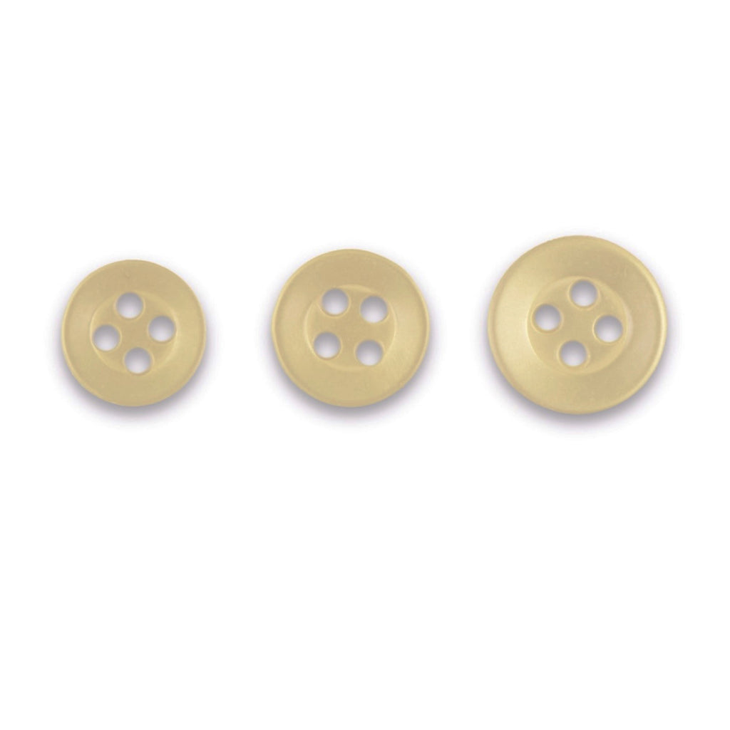 Three Replacement Shirt Buttons in beige matte finish, each with four holes and different sizes, are arranged in a row on a white background—ideal for enhancing any tailor's button kit.