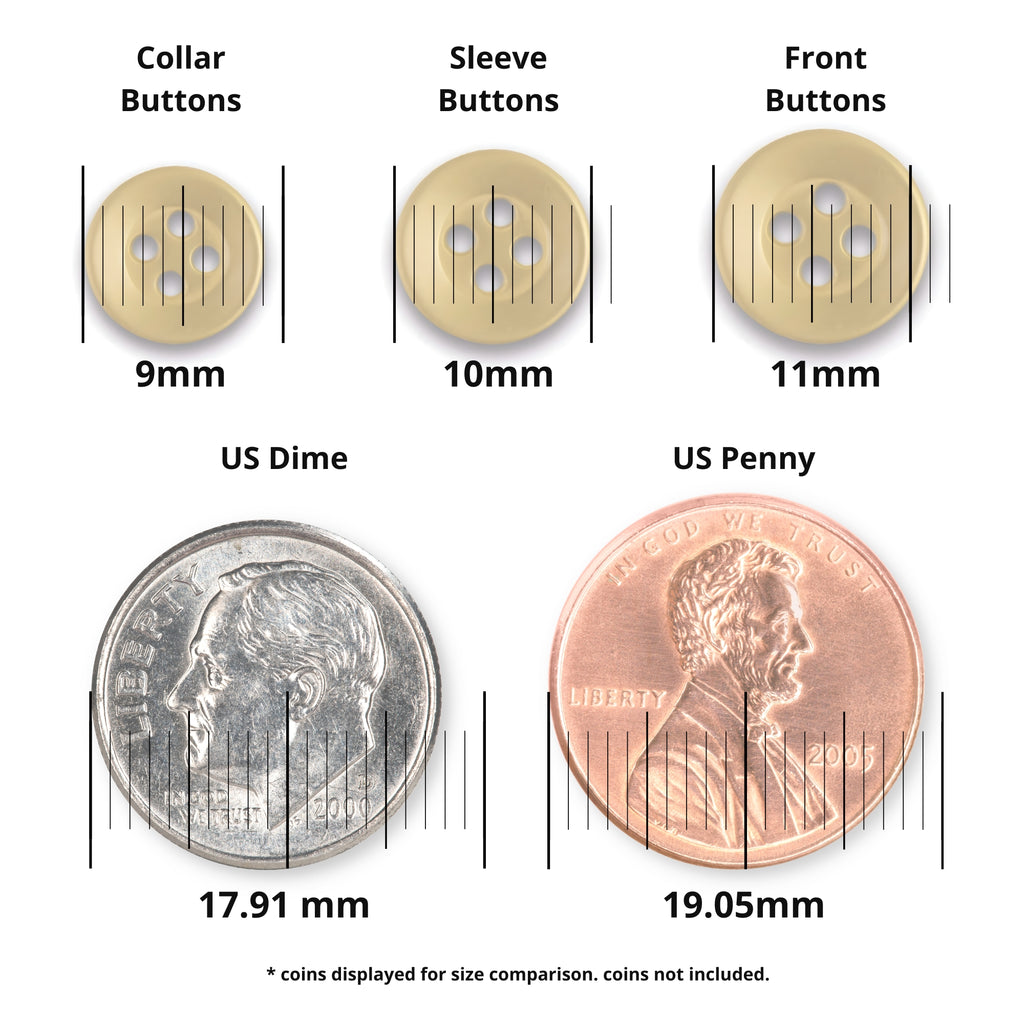 Three Replacement Shirt Buttons (beige poly-nylon, matte finish; sizes: 9mm, 10mm, 11mm) are shown above a US dime (17.91mm) and penny (19.05mm) for size reference—perfect for any tailor's button kit.