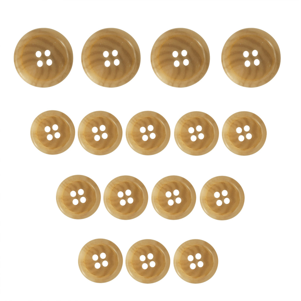 Fourteen Vegan Faux Horn Suit Buttons with four holes are arranged in an upside-down triangle on a white background.