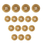 Fourteen Vegan Faux Horn Suit Buttons with four holes are arranged in an upside-down triangle on a white background.