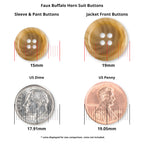 Vegan Faux Horn Suit Buttons shown with a US dime (17.91mm) and penny (19.05mm) for size comparison—ideal ethical buttons for sustainable tailoring projects.