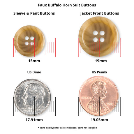 Vegan Faux Horn Suit Buttons shown with a US dime (17.91mm) and penny (19.05mm) for size comparison—ideal ethical buttons for sustainable tailoring projects.