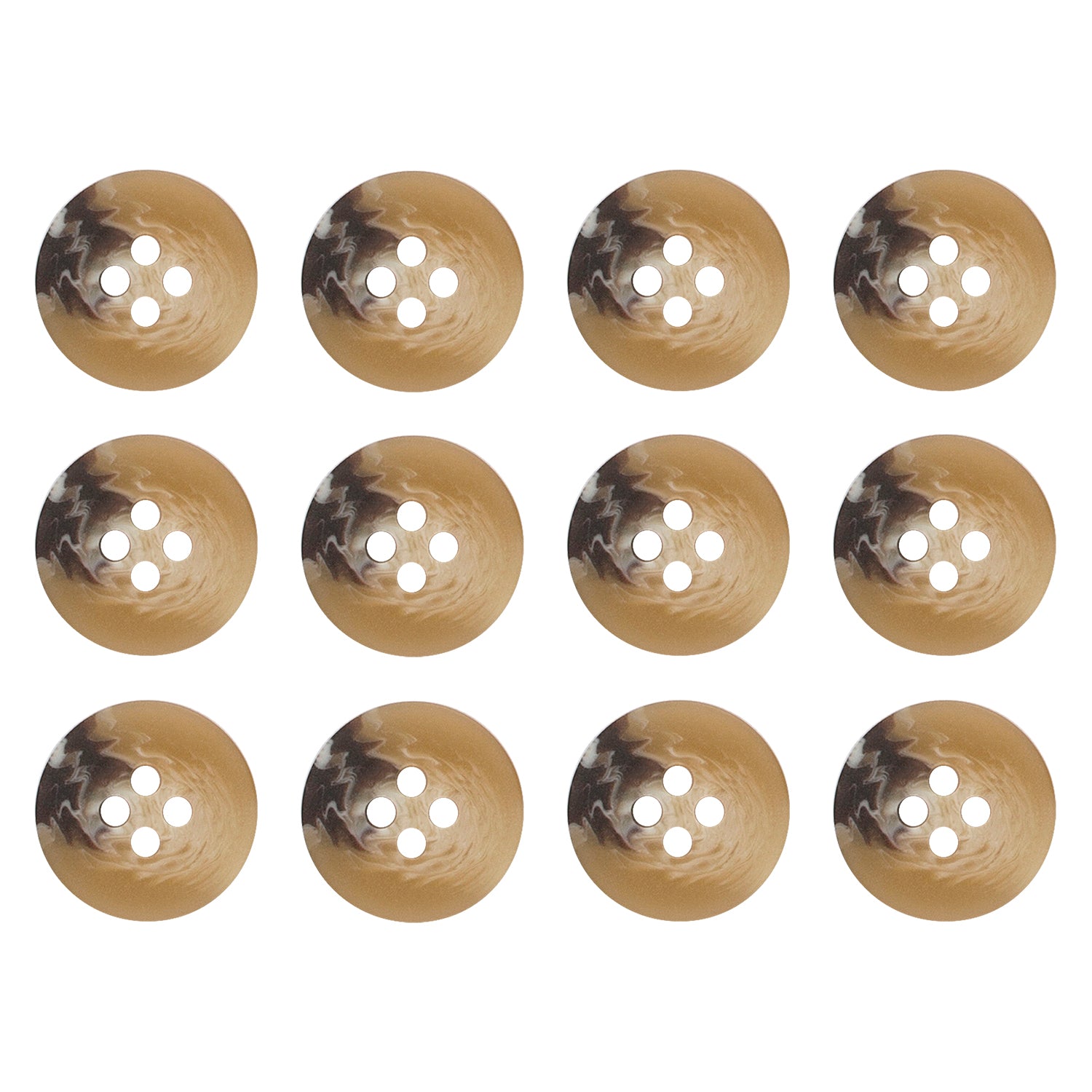 Twelve brown Khakis, Chinos and Casual Cotton Pant Buttons with three holes each are arranged in a 3 by 4 grid on a white background.