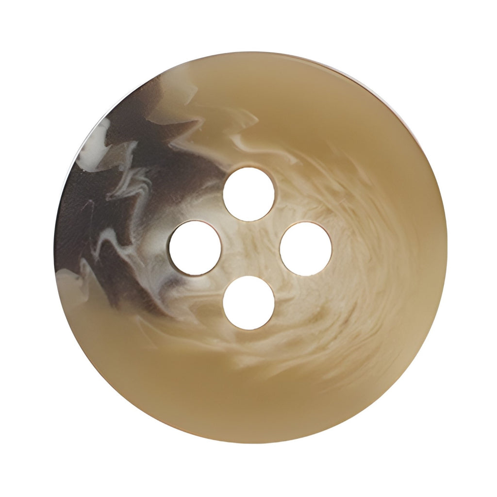 Round beige khaki button with a marbled brown and white pattern and four holes; ideal as a nylon sewing button or replacement for Khakis, Chinos and Casual Cotton Pant Buttons.