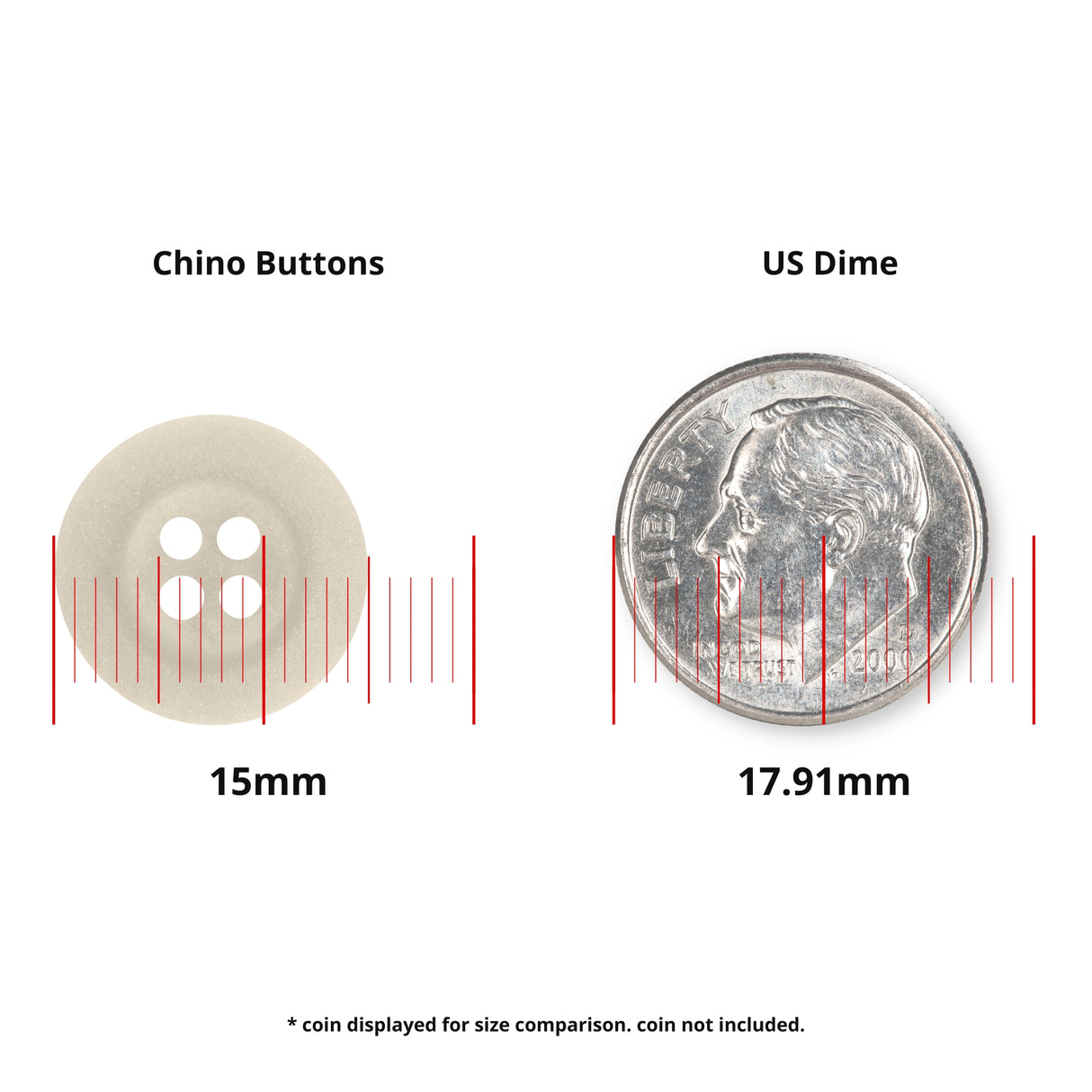 A Khakis, Chinos and Casual Cotton Pant Button (15mm durable nylon) is shown next to a 17.91mm US dime for size comparison.