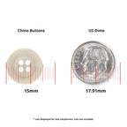A Khakis, Chinos and Casual Cotton Pant Button (15mm durable nylon) is shown next to a 17.91mm US dime for size comparison.